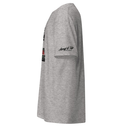 Side view of gray Amp'd Up Custom I'm The Man Of Your Dreams Freddy Krueger T-Shirt with sleeve logo