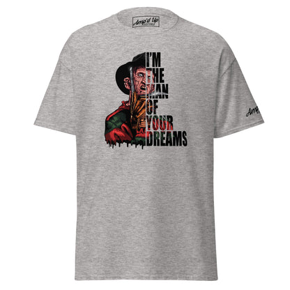 I'm The Man Of Your Dreams Freddy Krueger T-Shirt in gray featuring horror character graphic and bold text
