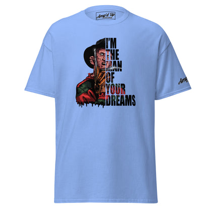 I'm The Man Of Your Dreams Freddy Krueger T-Shirt in light blue by Amp'd Up Custom with graphic and text design
