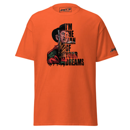 I'm The Man Of Your Dreams Freddy Krueger T-Shirt by Amp'd Up Custom in orange with horror character graphic