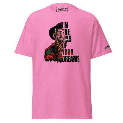 I'm The Man Of Your Dreams Freddy Krueger T-Shirt in pink with horror graphic and bold text