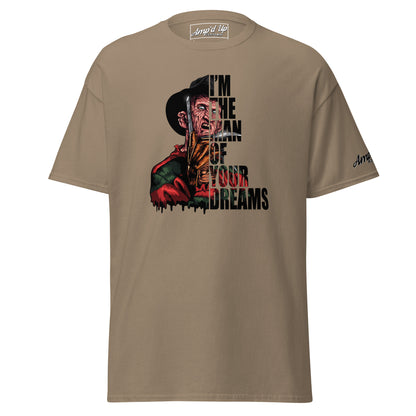 I'm The Man Of Your Dreams Freddy Krueger T-Shirt with horror graphic on a brown tee by Amp'd Up Custom