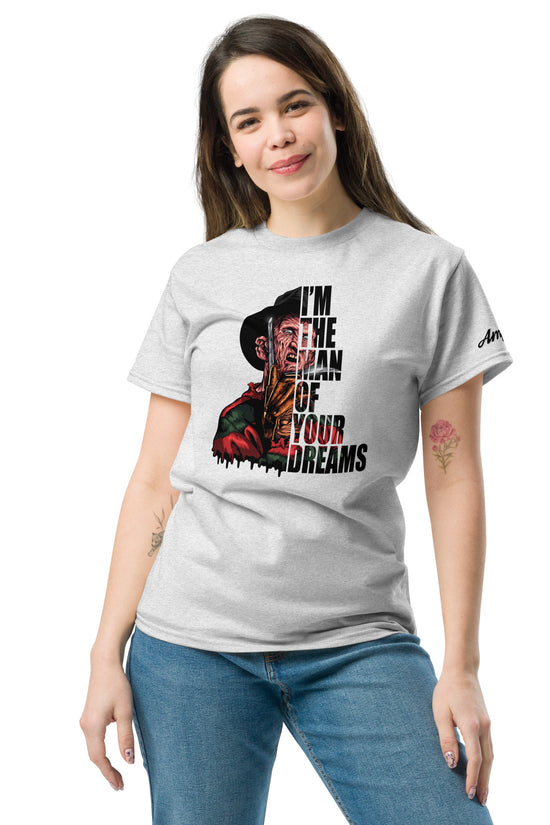 I'm The Man Of Your Dreams Freddy Krueger T-Shirt worn by woman with Freddy Krueger graphic design