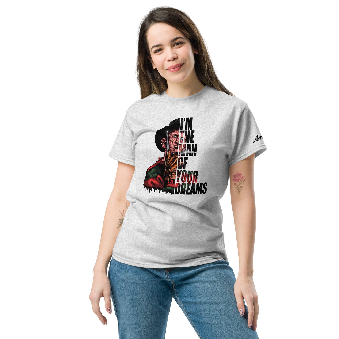 I'm The Man Of Your Dreams Freddy Krueger T-Shirt worn by woman with Freddy Krueger graphic design
