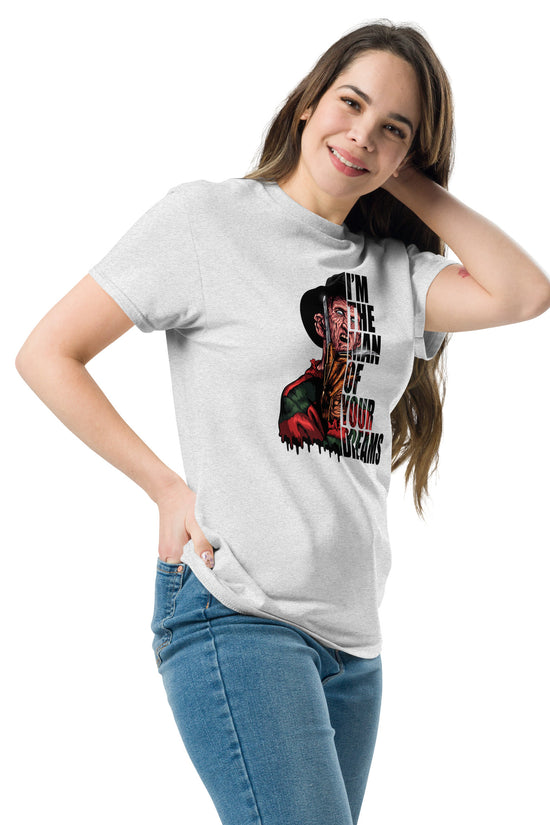 Woman wearing I'm The Man Of Your Dreams Freddy Krueger T-Shirt by Amp'd Up Custom in white