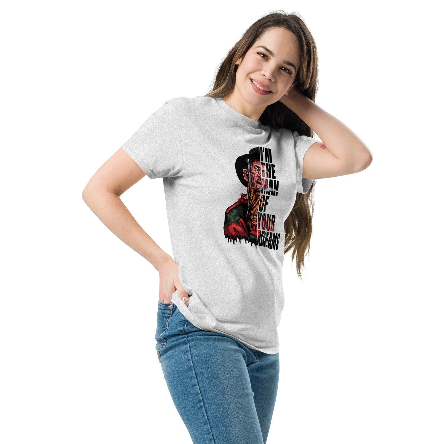 Woman wearing I'm The Man Of Your Dreams Freddy Krueger T-Shirt by Amp'd Up Custom in white