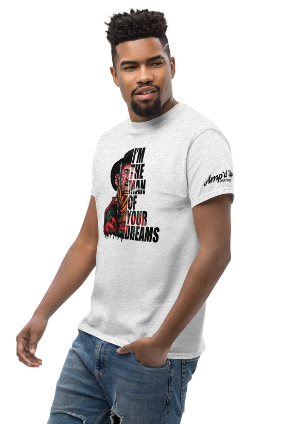 I'm The Man Of Your Dreams Freddy Krueger T-Shirt in white worn by male model with graphic design