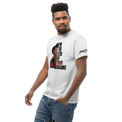I'm The Man Of Your Dreams Freddy Krueger T-Shirt in white worn by male model with graphic design
