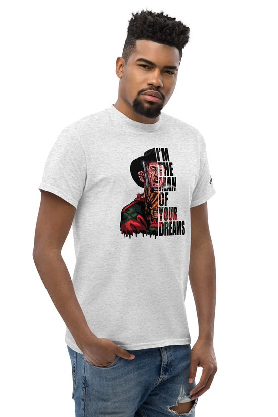 I'm The Man Of Your Dreams Freddy Krueger T-Shirt by Amp'd Up Custom worn by man in casual jeans
