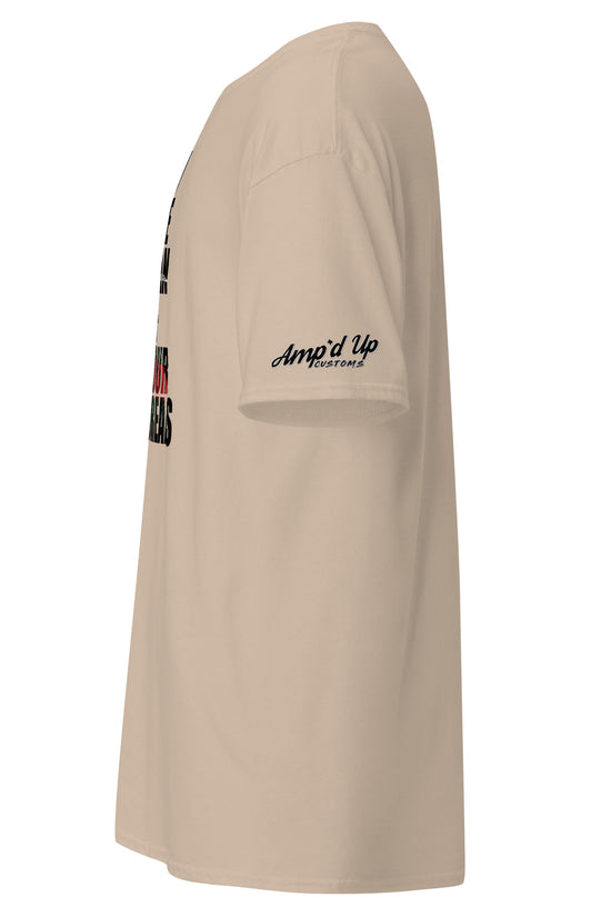 Side view of beige Amp'd Up Custom T-shirt featuring I'm The Man Of Your Dreams Freddy Krueger T-Shirt design