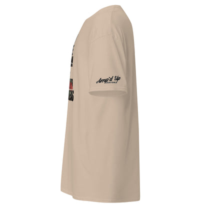 Side view of beige Amp'd Up Custom T-shirt featuring I'm The Man Of Your Dreams Freddy Krueger T-Shirt design