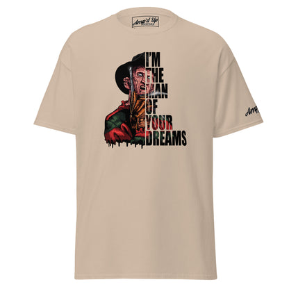 Beige Amp'd Up Custom T-shirt featuring I'm The Man Of Your Dreams Freddy Krueger T-Shirt graphic with horror design