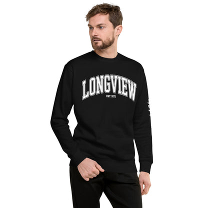 Amp'd Up Custom Longview Texas Sweatshirt in black with white lettering worn by male model