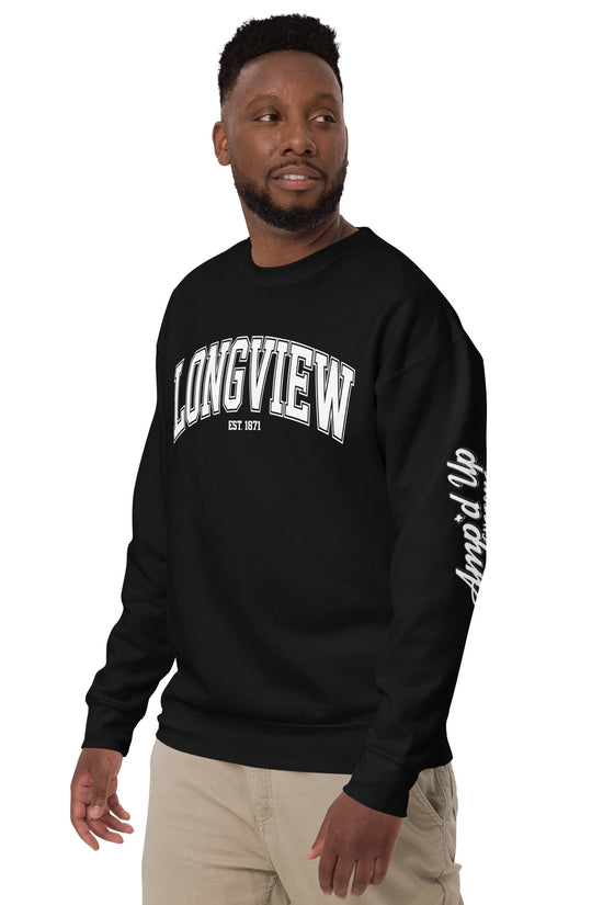 Black Longview Texas Sweatshirt by Amp'd Up Custom with white printed design on chest and sleeve