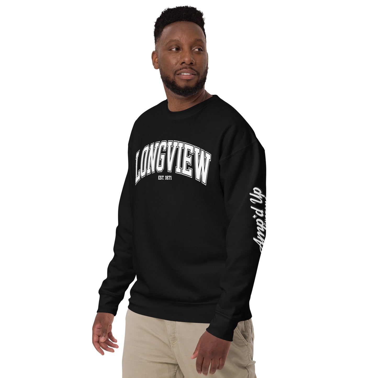 Black Longview Texas Sweatshirt by Amp'd Up Custom with white printed design on chest and sleeve