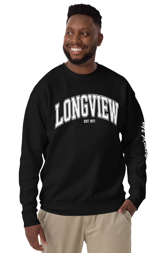 Black Longview Texas Sweatshirt with white lettering worn by smiling man with hands in pockets