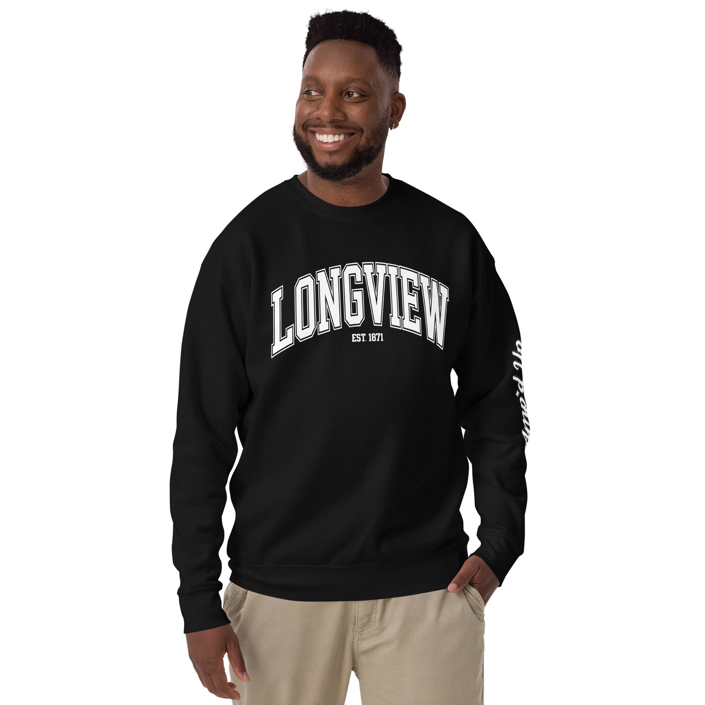 Black Longview Texas Sweatshirt with white lettering worn by smiling man with hands in pockets
