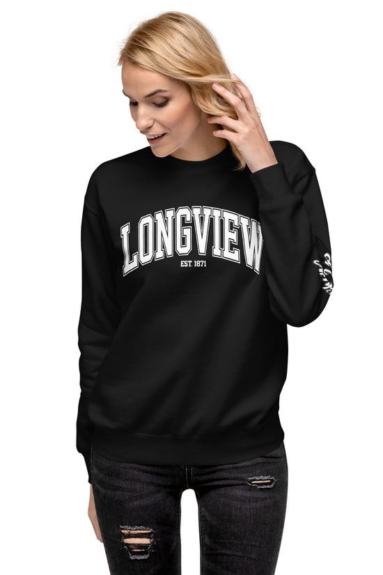 Black Longview Texas Sweatshirt by Amp'd Up Custom worn by woman with ripped black jeans