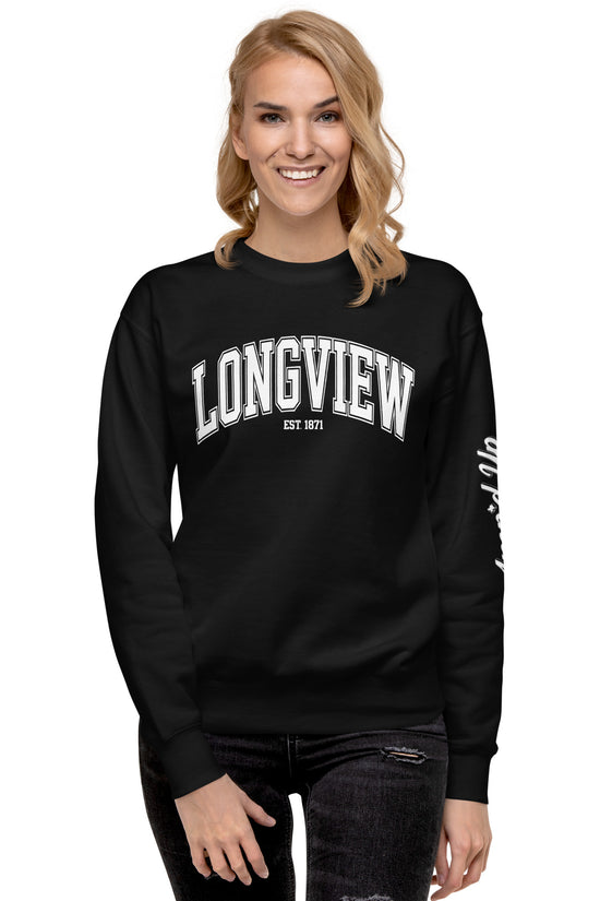 Amp'd Up Custom black Longview Texas Sweatshirt with white printed text worn by smiling woman