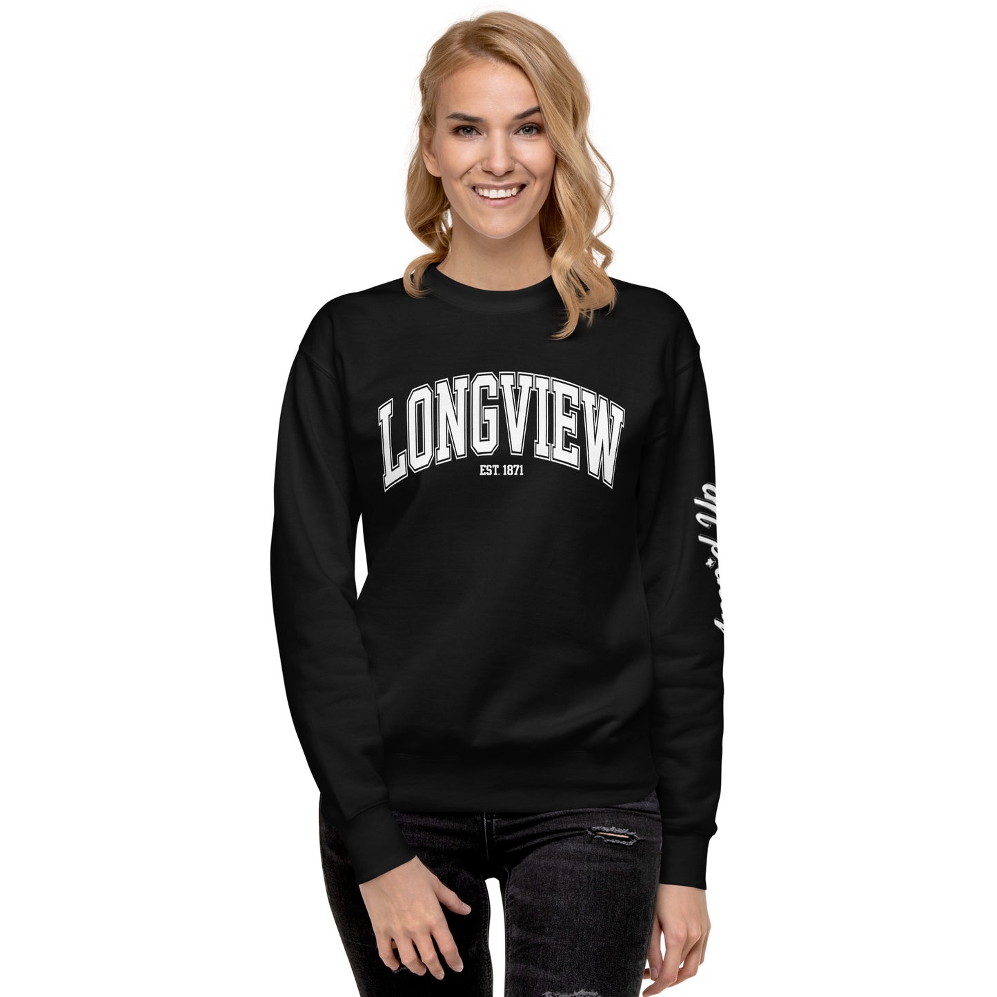 Amp'd Up Custom black Longview Texas Sweatshirt with white printed text worn by smiling woman