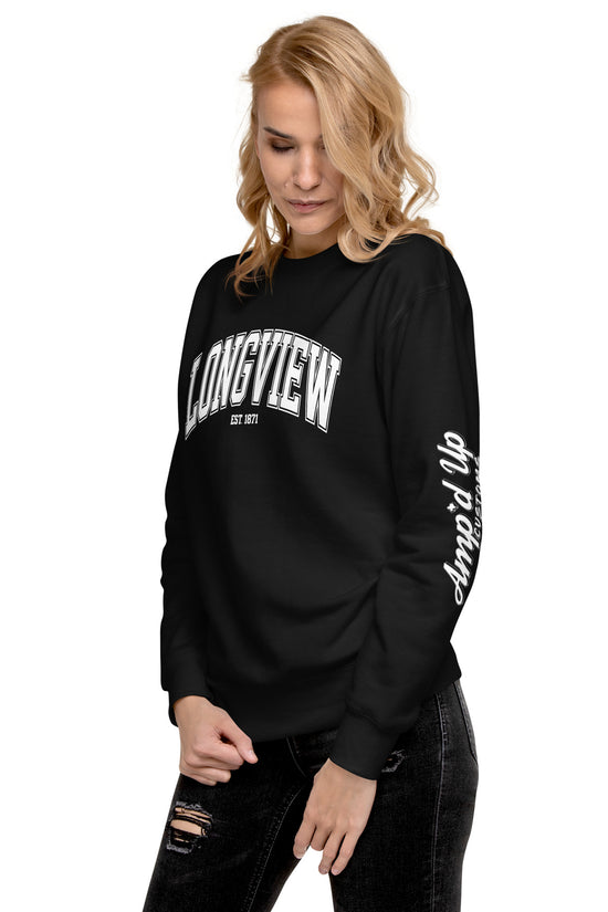 Black Longview Texas Sweatshirt with white text and amp'd up logo on sleeve, worn by woman