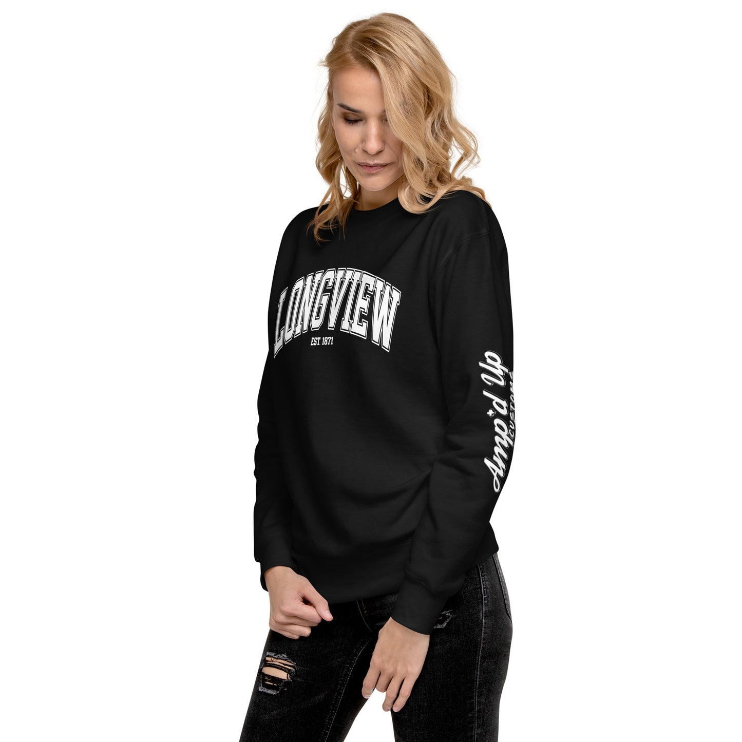 Black Longview Texas Sweatshirt with white text and amp'd up logo on sleeve, worn by woman