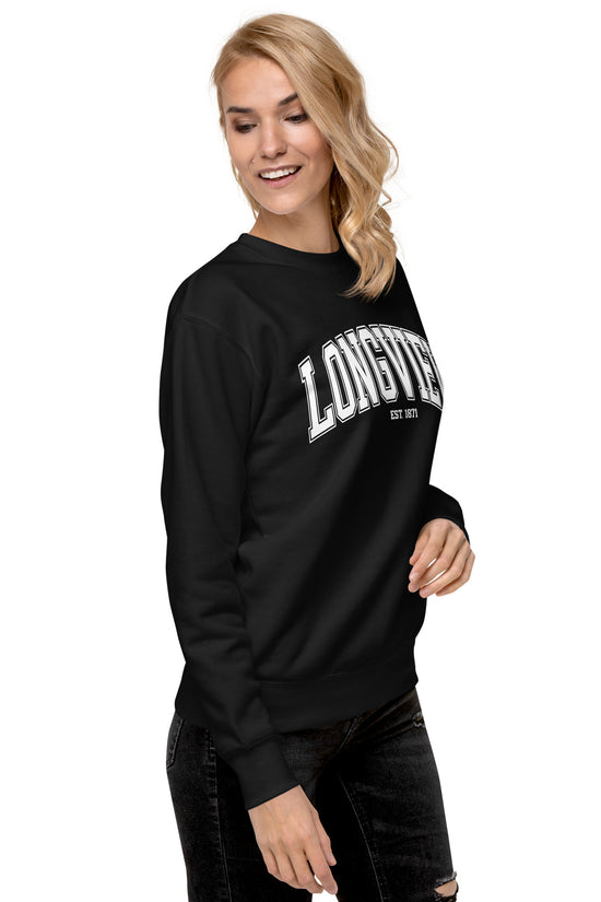 Black Longview Texas Sweatshirt by Amp'd Up Custom worn by woman with casual look