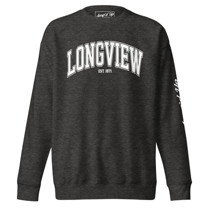 Amp'd Up Custom Longview Texas Sweatshirt in dark gray with white lettering and crew neck design