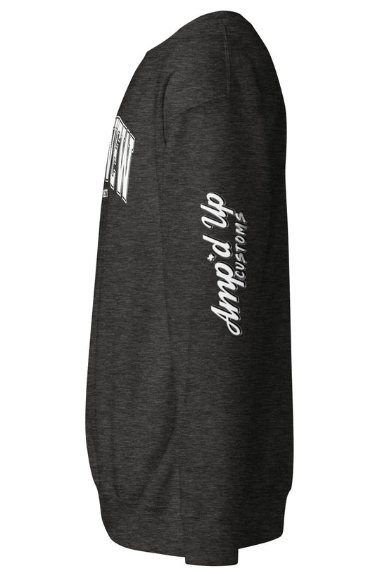 Side view of Amp'd Up Custom dark gray Longview Texas Sweatshirt with logo on sleeve