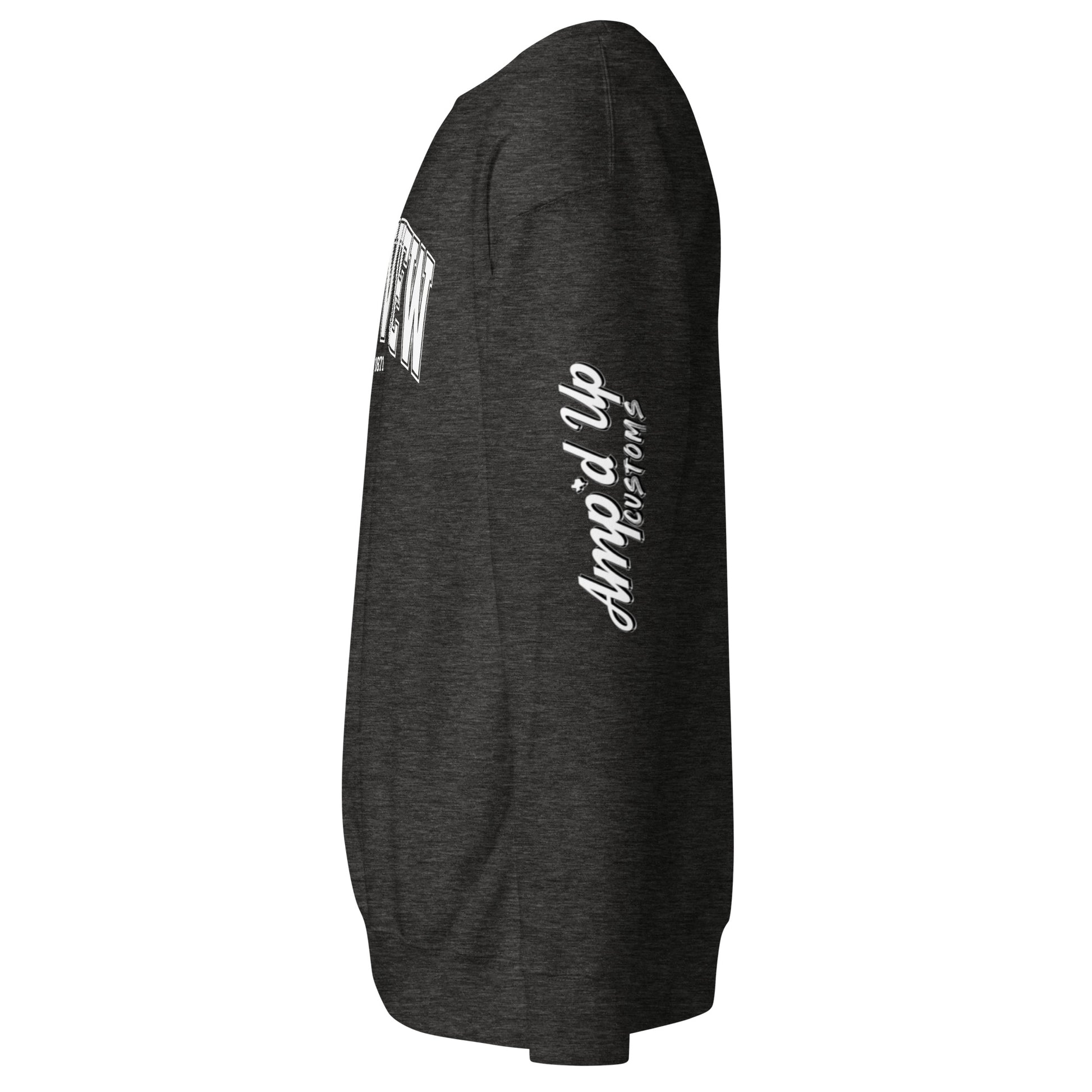 Side view of Amp'd Up Custom dark gray Longview Texas Sweatshirt with logo on sleeve