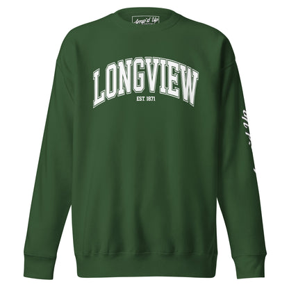 Green Amp'd Up Custom Longview Texas Sweatshirt with white lettering and crew neck design