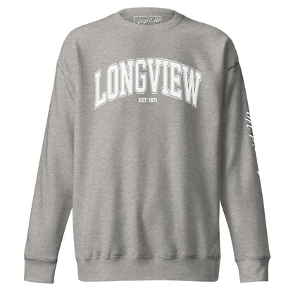 Gray Longview Texas Sweatshirt with white lettering and Amp'd Up Custom branding