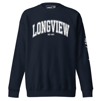 Amp'd Up Custom navy Longview Texas Sweatshirt with white printed text and crewneck design