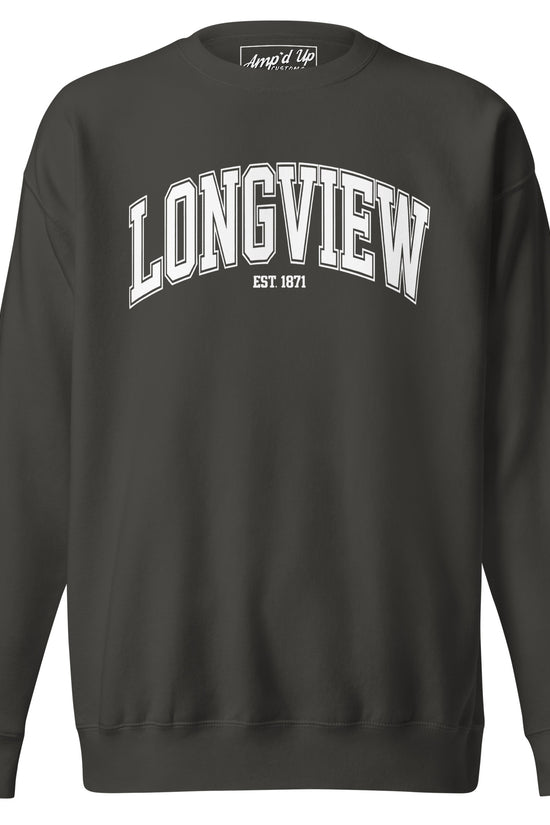 Amp'd Up Custom Longview Texas Sweatshirt in black with white collegiate text design