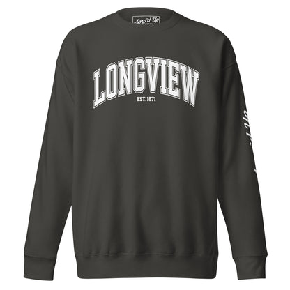 Amp'd Up Custom Longview Texas Sweatshirt in black with white collegiate text design