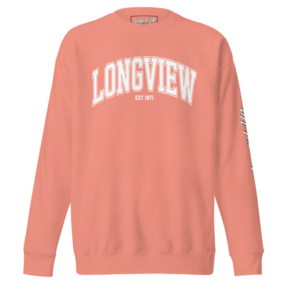 Amp'd Up Custom Longview Texas Sweatshirt in coral with white lettering and crew neck design
