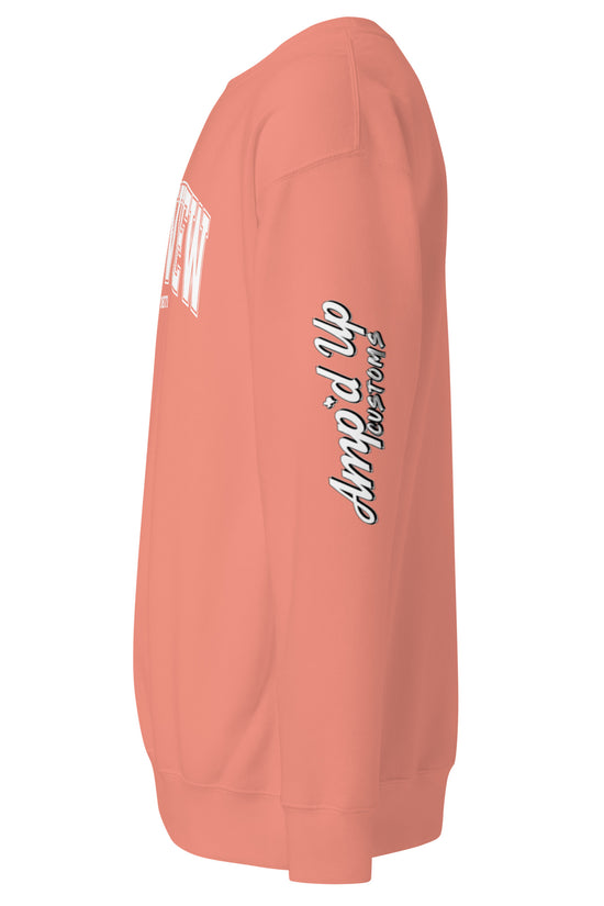 Coral Longview Texas Sweatshirt by Amp'd Up Custom with white logo on sleeve and comfortable fit