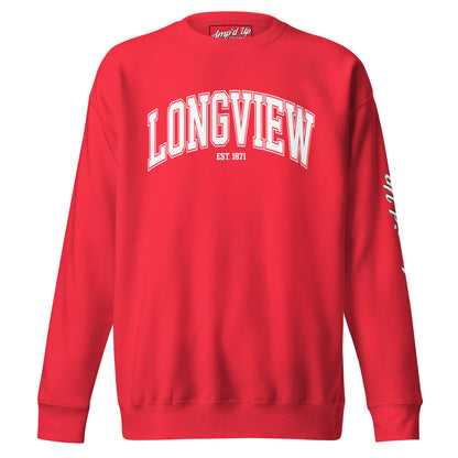 Red Longview Texas Sweatshirt by Amp'd Up Custom with white lettering and classic crew neck design