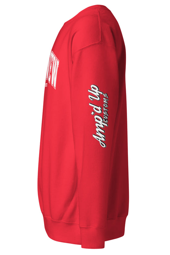 Red Longview Texas Sweatshirt by Amp'd Up Custom with logo printed on sleeve and front