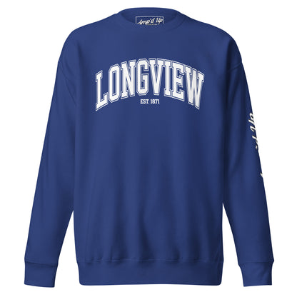 Amp'd Up Custom blue Longview Texas Sweatshirt with white collegiate lettering and crew neck