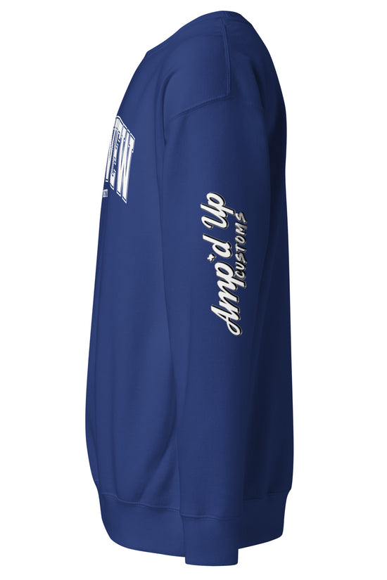 Amp'd Up Custom long sleeve Longview Texas Sweatshirt in navy blue with logo on sleeve