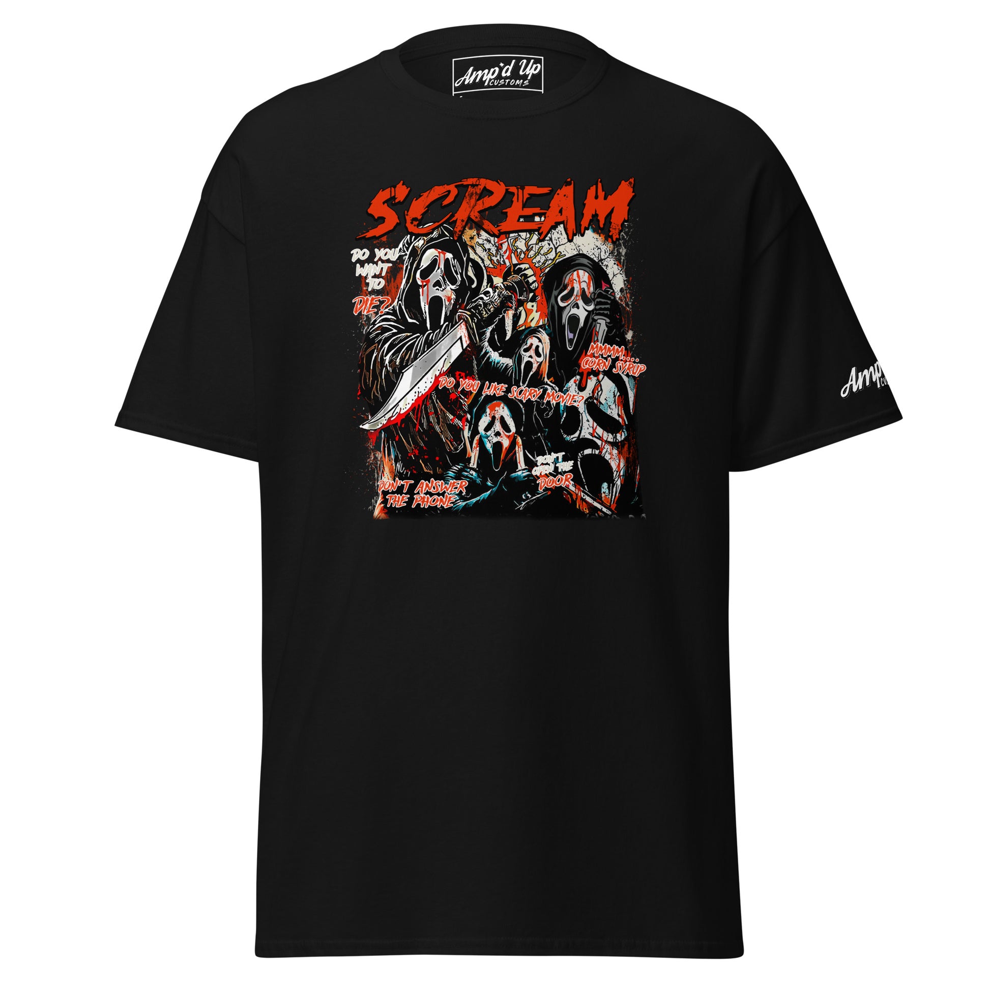 Amp'd Up Custom black Scream T-Shirt with graphic horror movie mask design and red text
