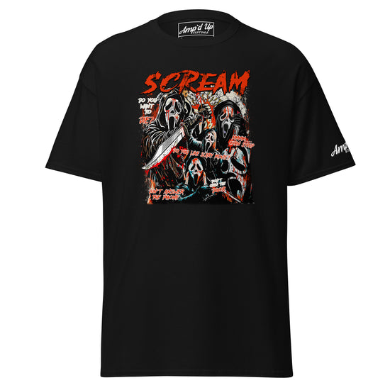 Amp'd Up Custom black Scream T-Shirt with graphic horror movie mask design and red text
