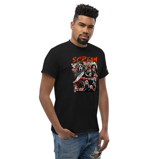 Amp'd Up Custom black Scream T-Shirt with horror movie ghost face characters and red text graphic