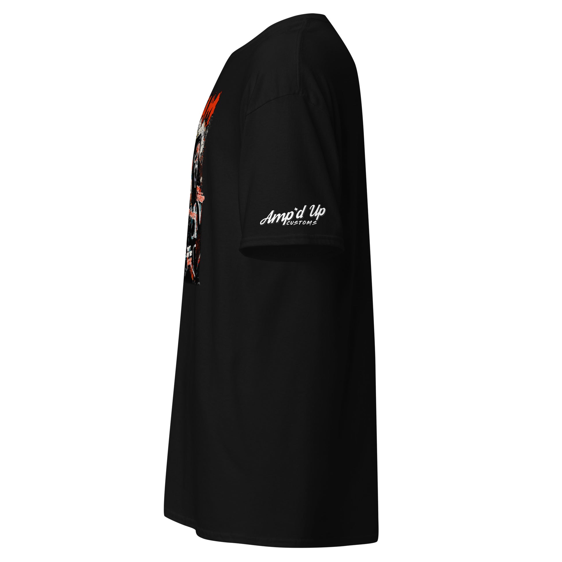 Black Scream T-Shirt by Amp'd Up Custom with graphic print and logo on sleeve shown from side