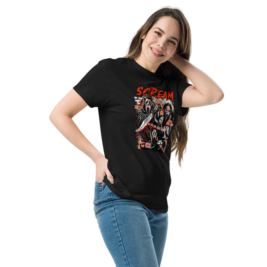 Woman wearing black Amp'd Up Custom Scream T-Shirt with horror-themed graphic design