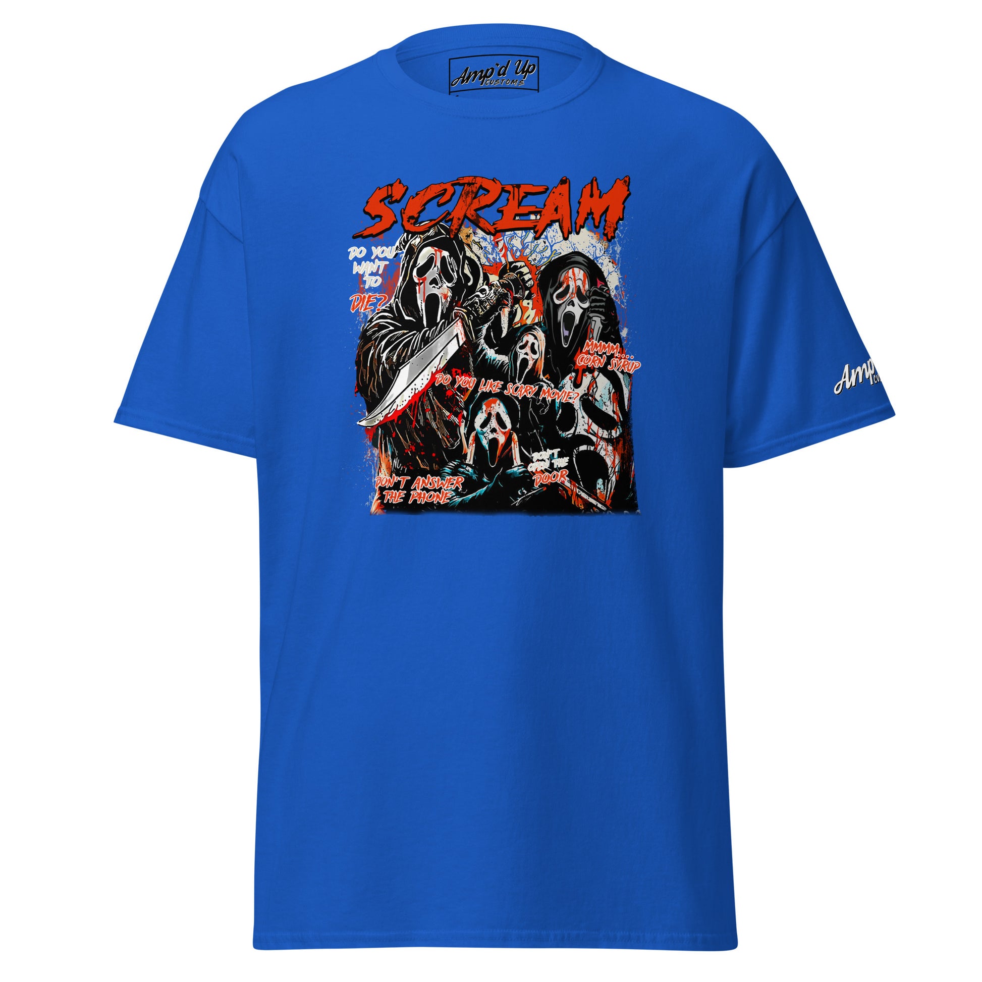Amp'd Up Custom blue Scream T-Shirt featuring multiple horror mask designs with knives