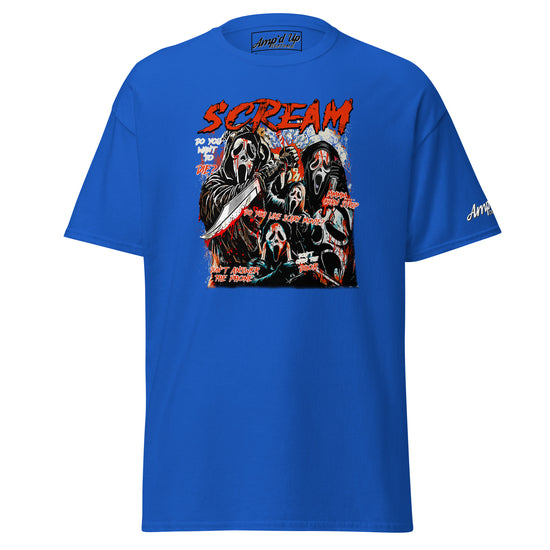 Amp'd Up Custom blue Scream T-Shirt featuring multiple horror mask designs with knives