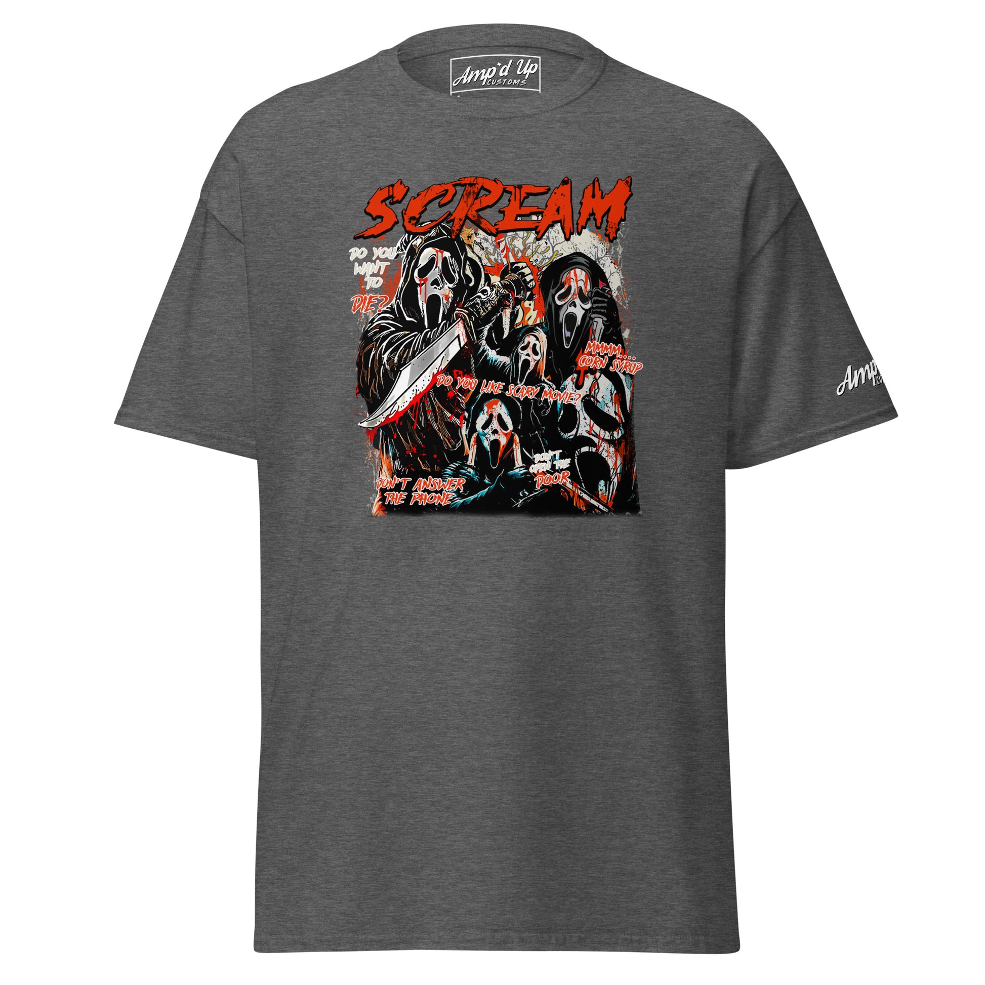 Amp'd Up Custom gray Scream T-Shirt with graphic of multiple scream masks and red text design