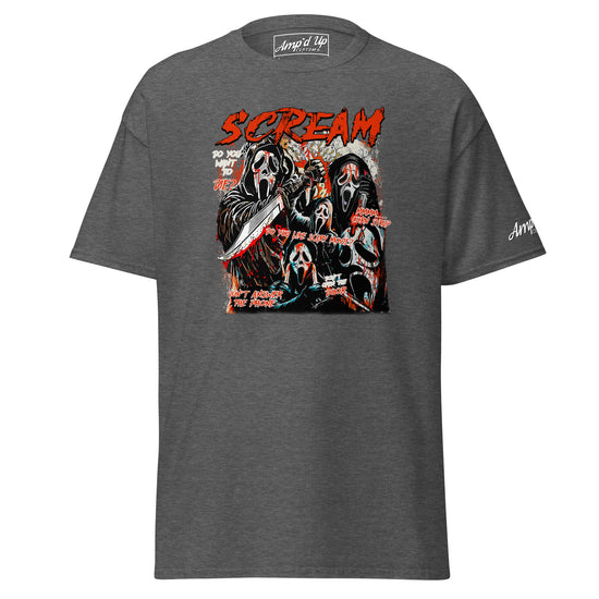 Amp'd Up Custom gray Scream T-Shirt with graphic of multiple scream masks and red text design